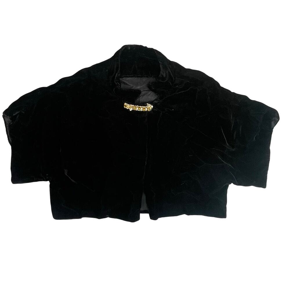 Black Velvet Cropped Jacket with Decorative Brooch